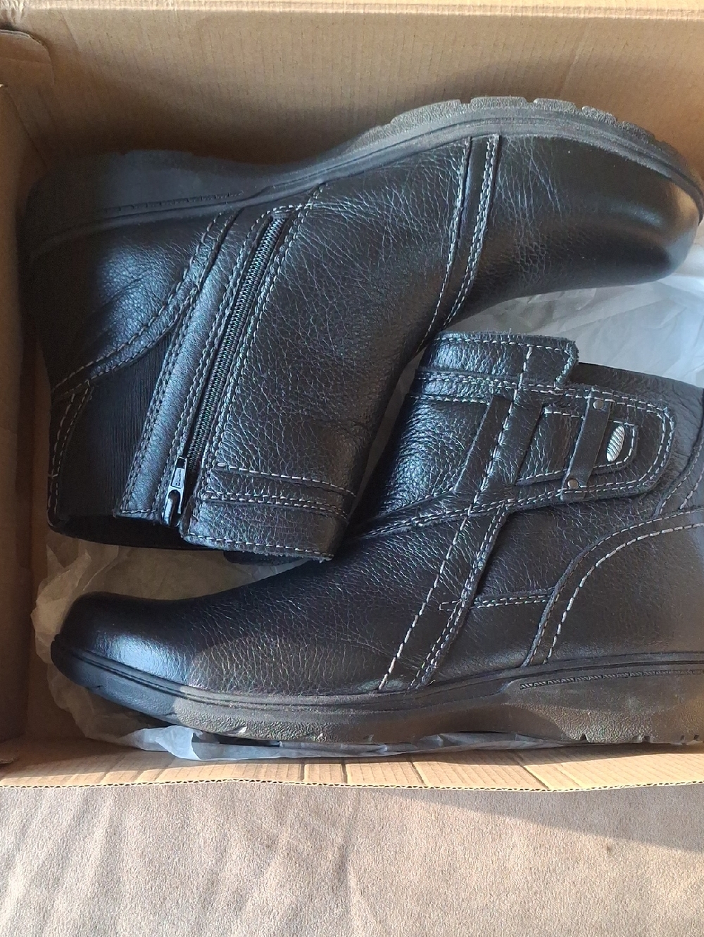 Clarks Womens Black Leather Ankle Boots - Zip & Strap Closure